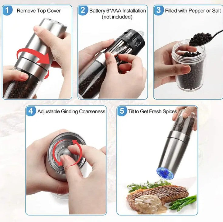 Electric Salt & Pepper Grinder Set | Gravity-Activated with LED Light