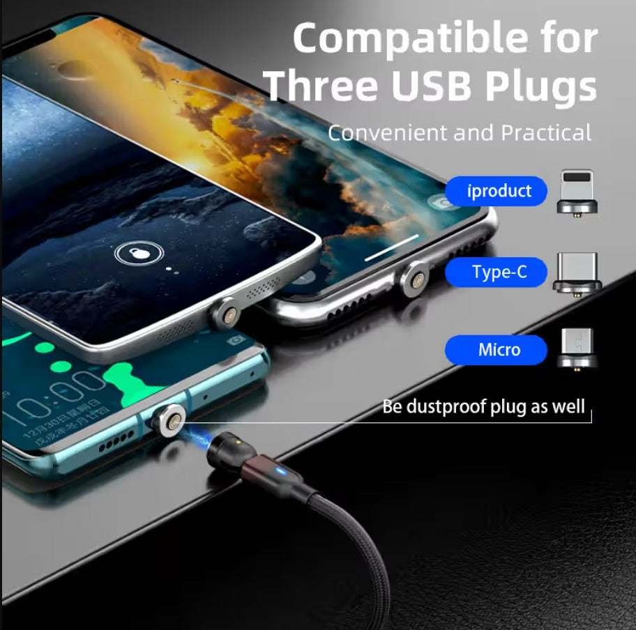 3-in-1 Magnetic Charging Cable | 540° Rotating, Fast Charge, USB-C / Lightning / Micro USB