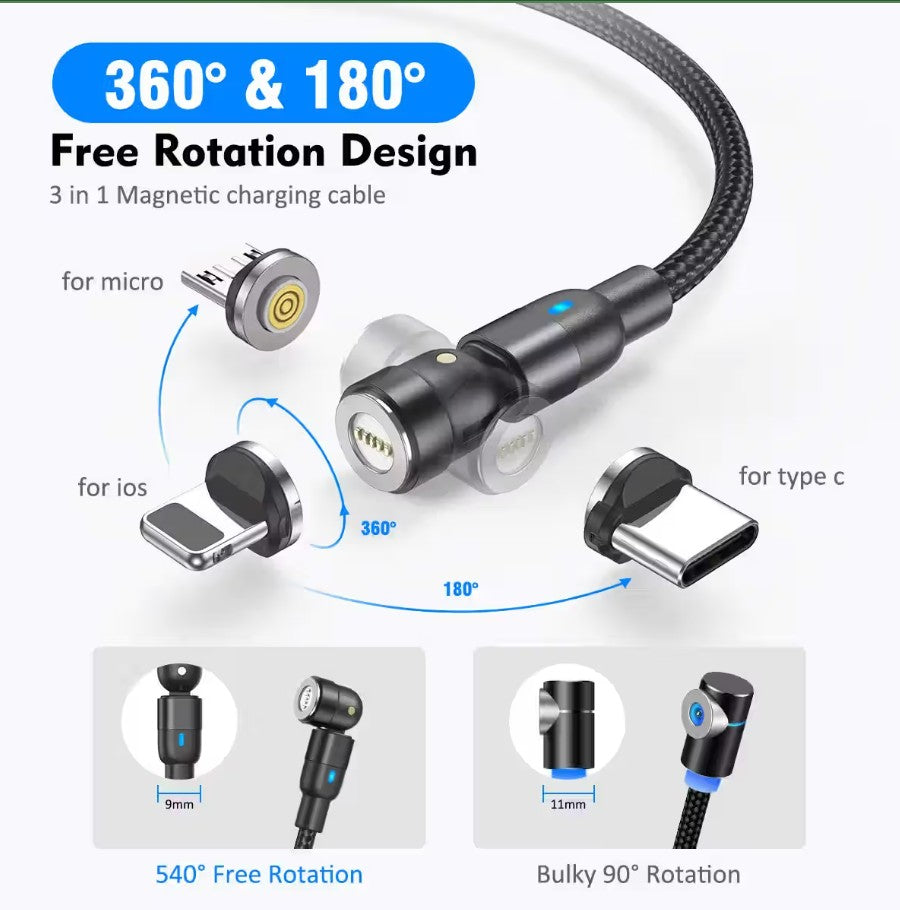 3-in-1 Magnetic Charging Cable | 540° Rotating, Fast Charge, USB-C / Lightning / Micro USB