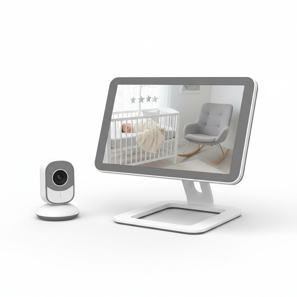 Baby monitor camera with 12.8 inch screen showing sleeping baby in nursery