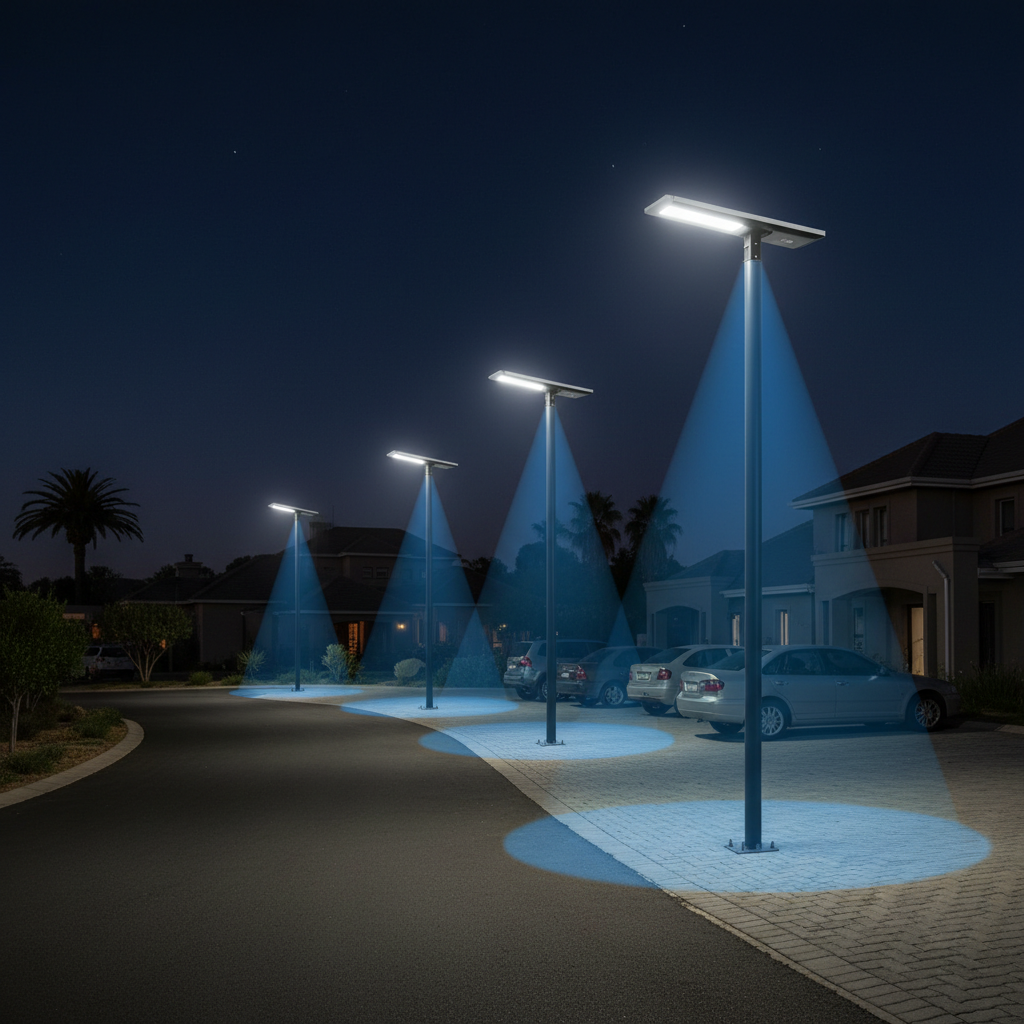 4 solar street lights illuminating driveway and parking area at night