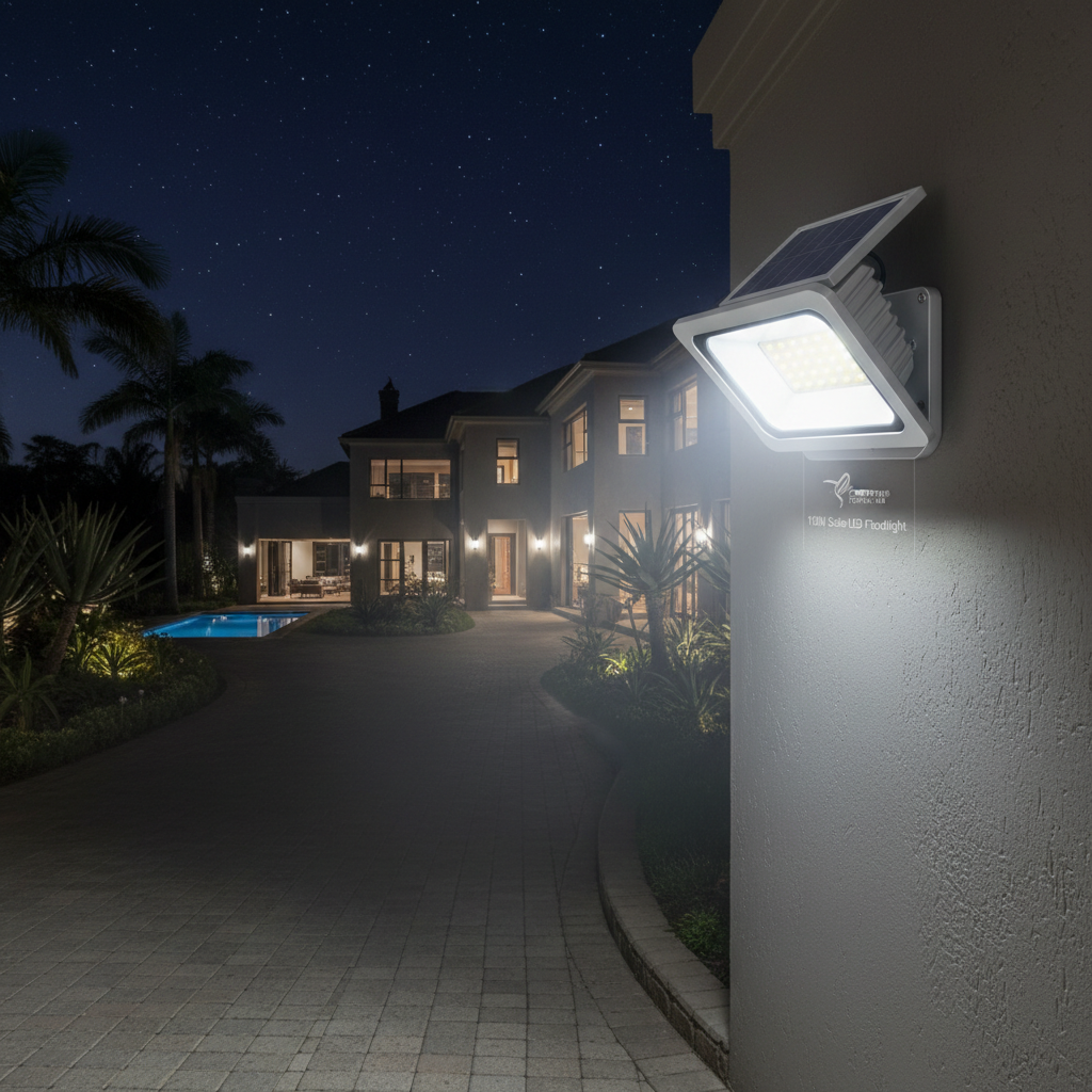 100W solar LED flood light illuminating driveway at night