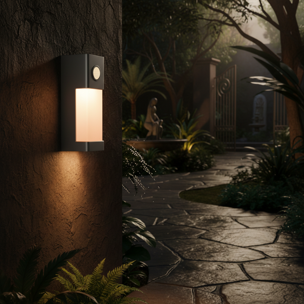 LED solar wall light illuminating garden path at night