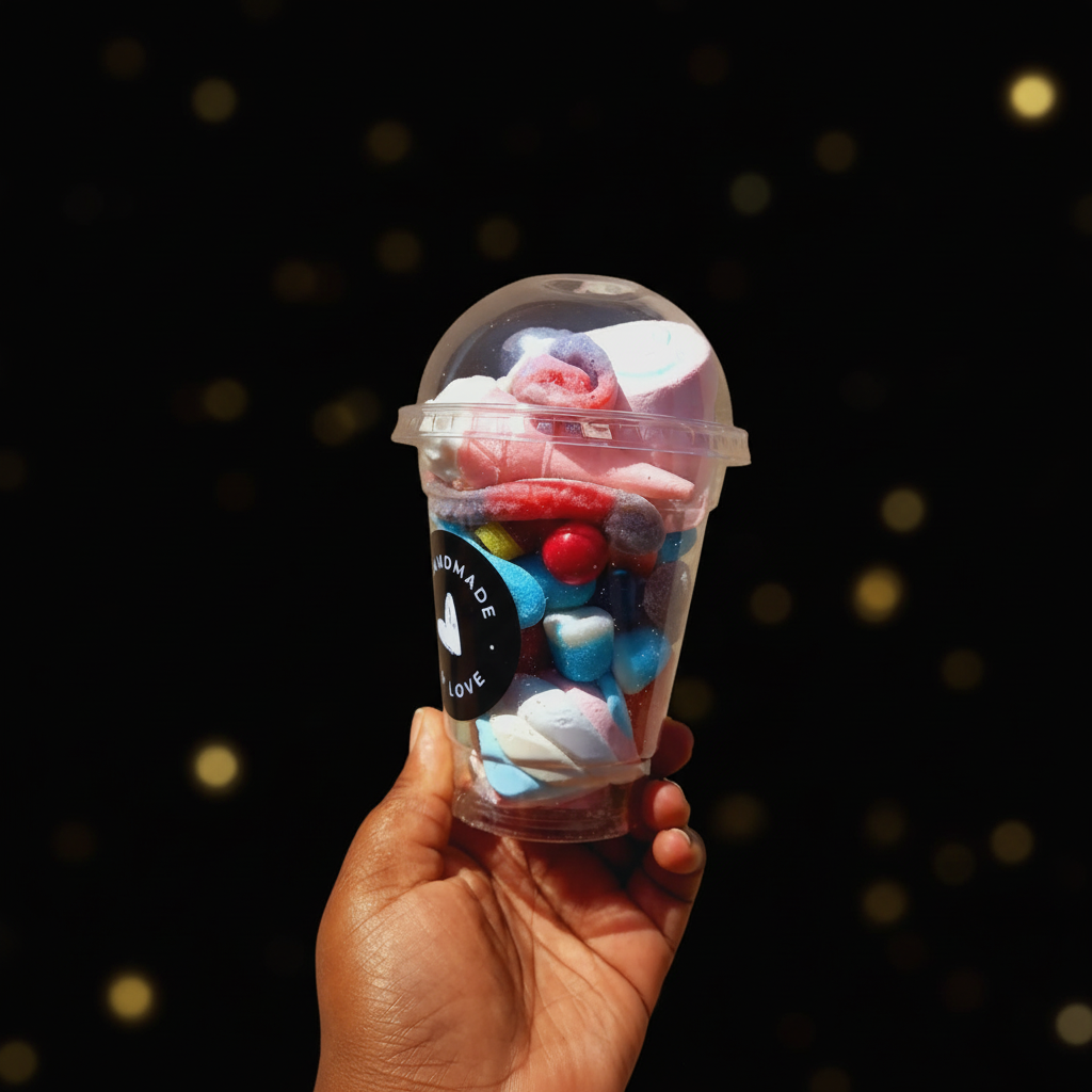 Tall sweet cup full of colourful sweets